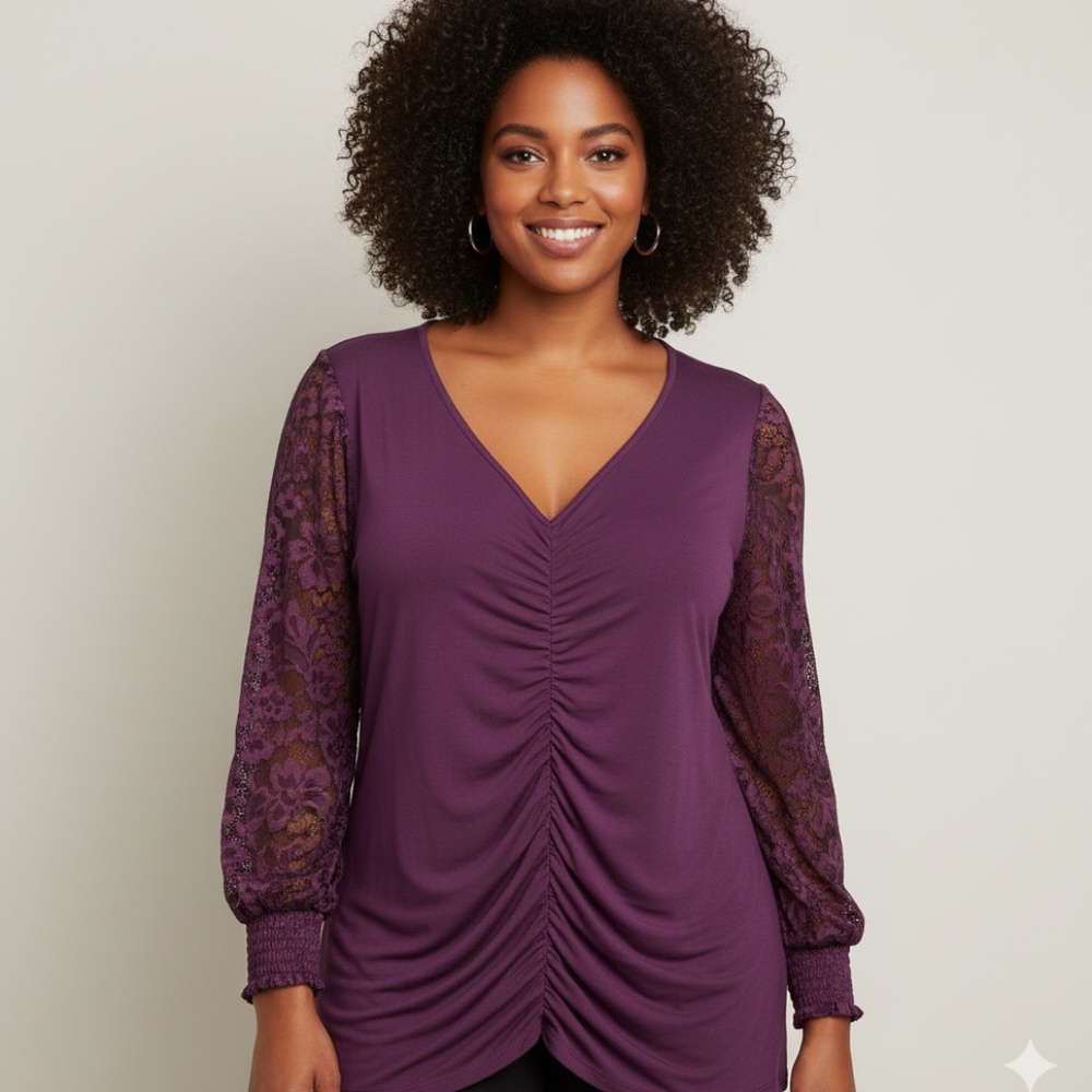 NEW Torrid Purple Lace Ruched Front Top Sexy Glam Office Professional Siren